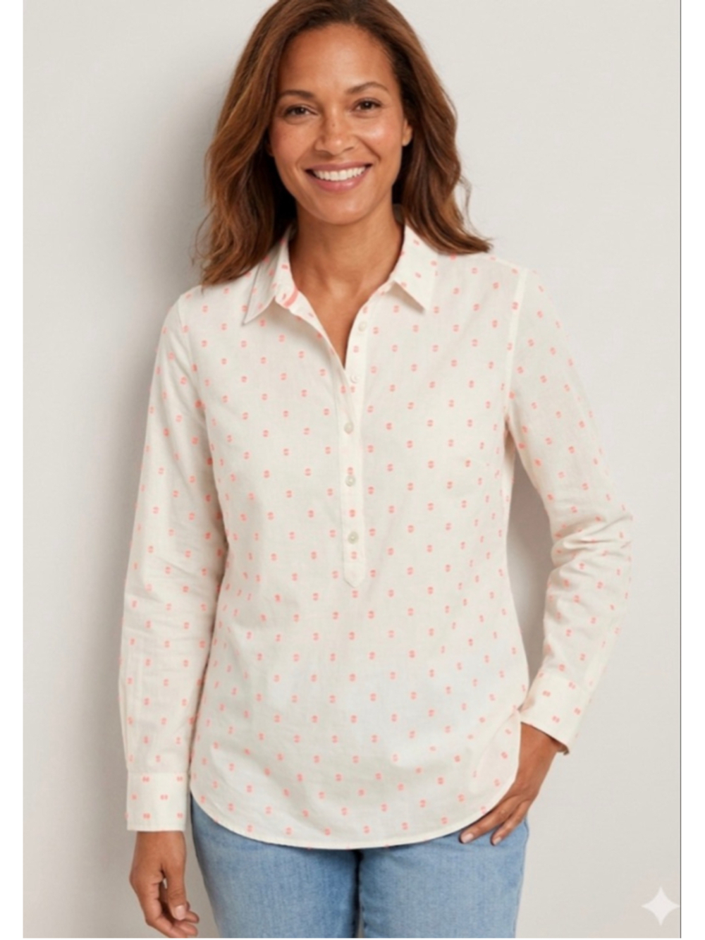 TALBOTS Off-White Neon Pink Dot Button Down Shirt L